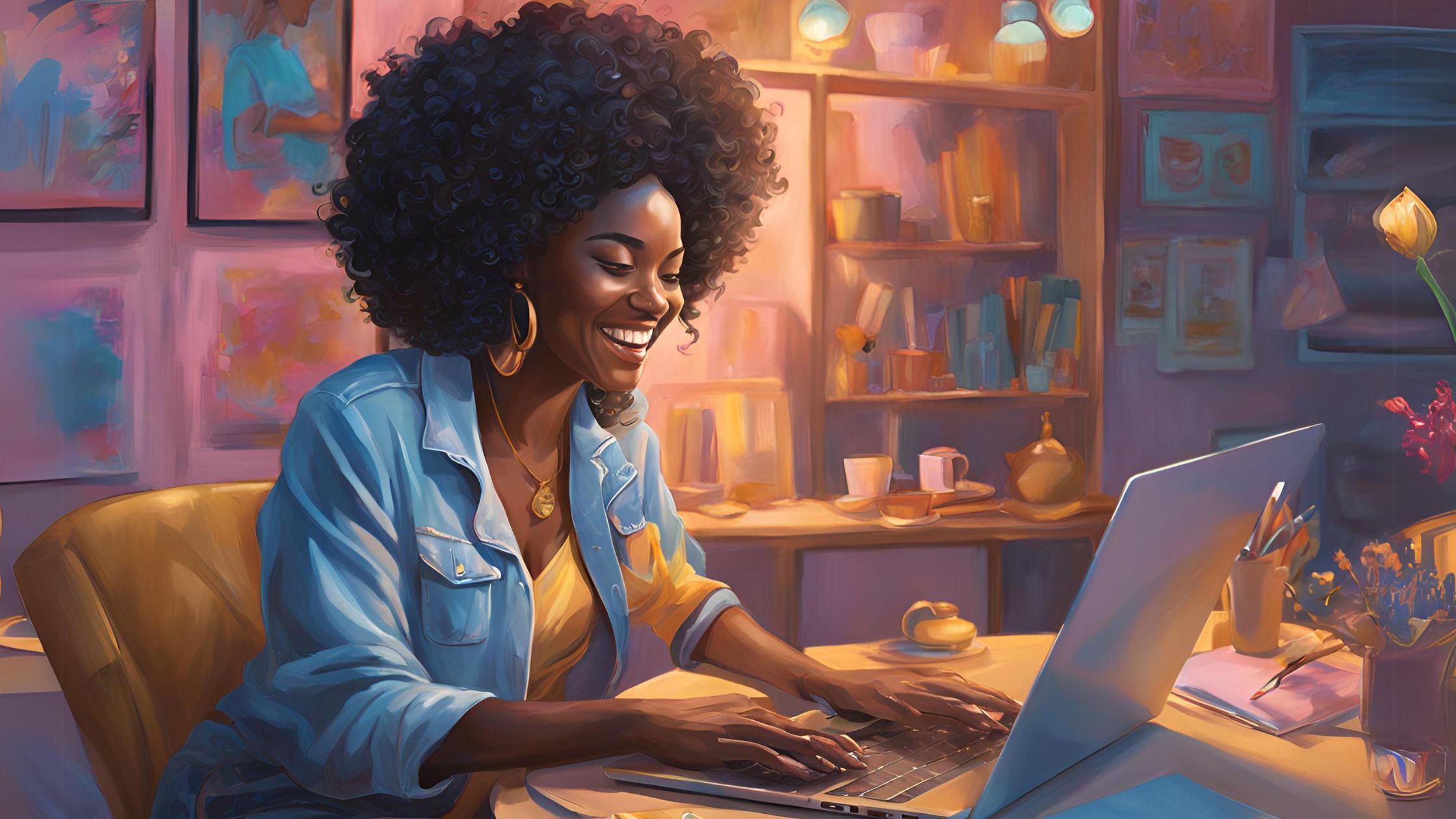 illustration of black woman typing on laptop while smiling